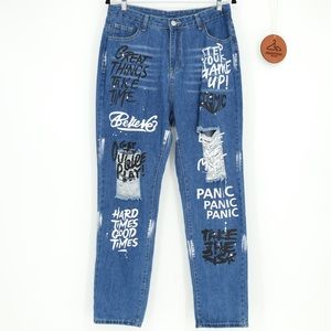SHEIN Women Graffiti Print Distressed Jeans Blue Medium Wash Graphic Size Large